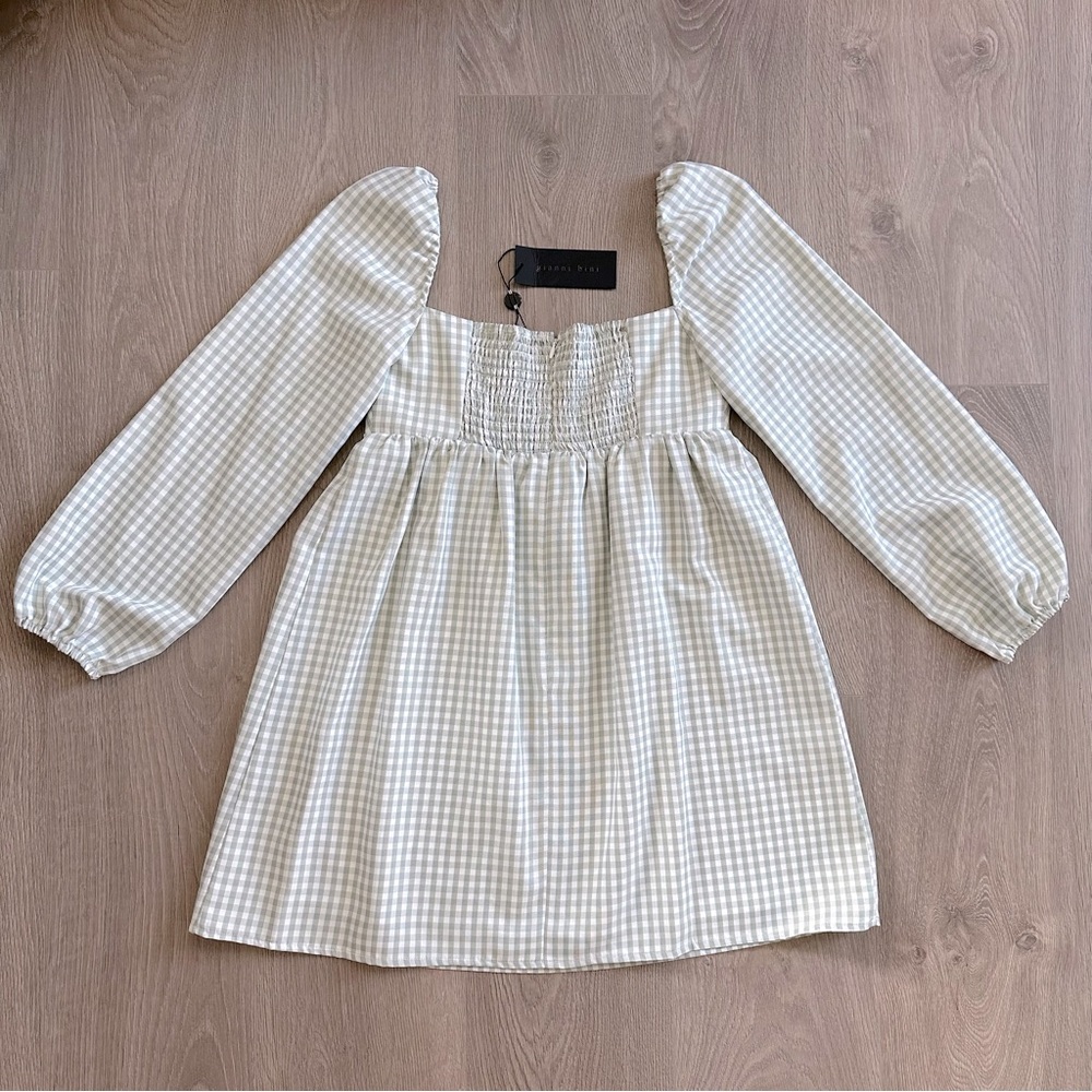 🆕 Ivory & Moss Gingham Long Sleeve Sweetheart Neck Babydoll Dress - Picture 4 of 11